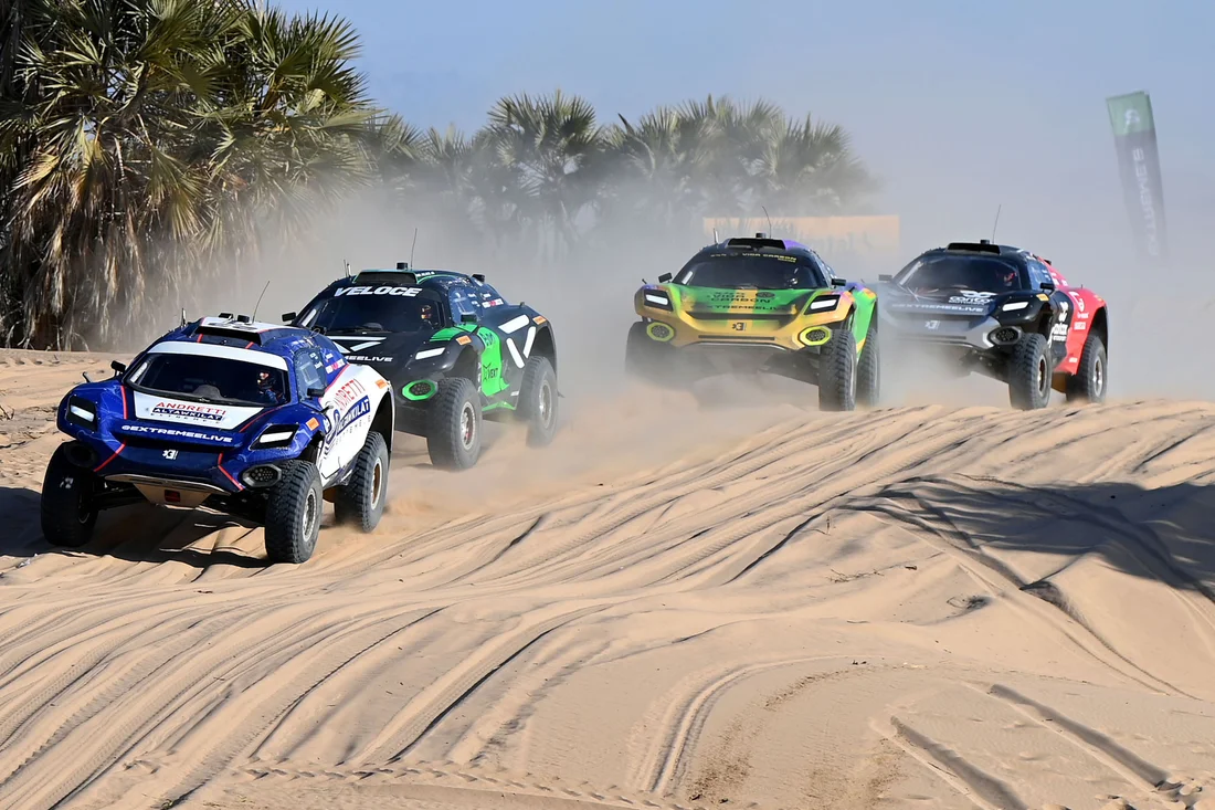 Extreme E drivers race during the Desert X-Prix in March 2023